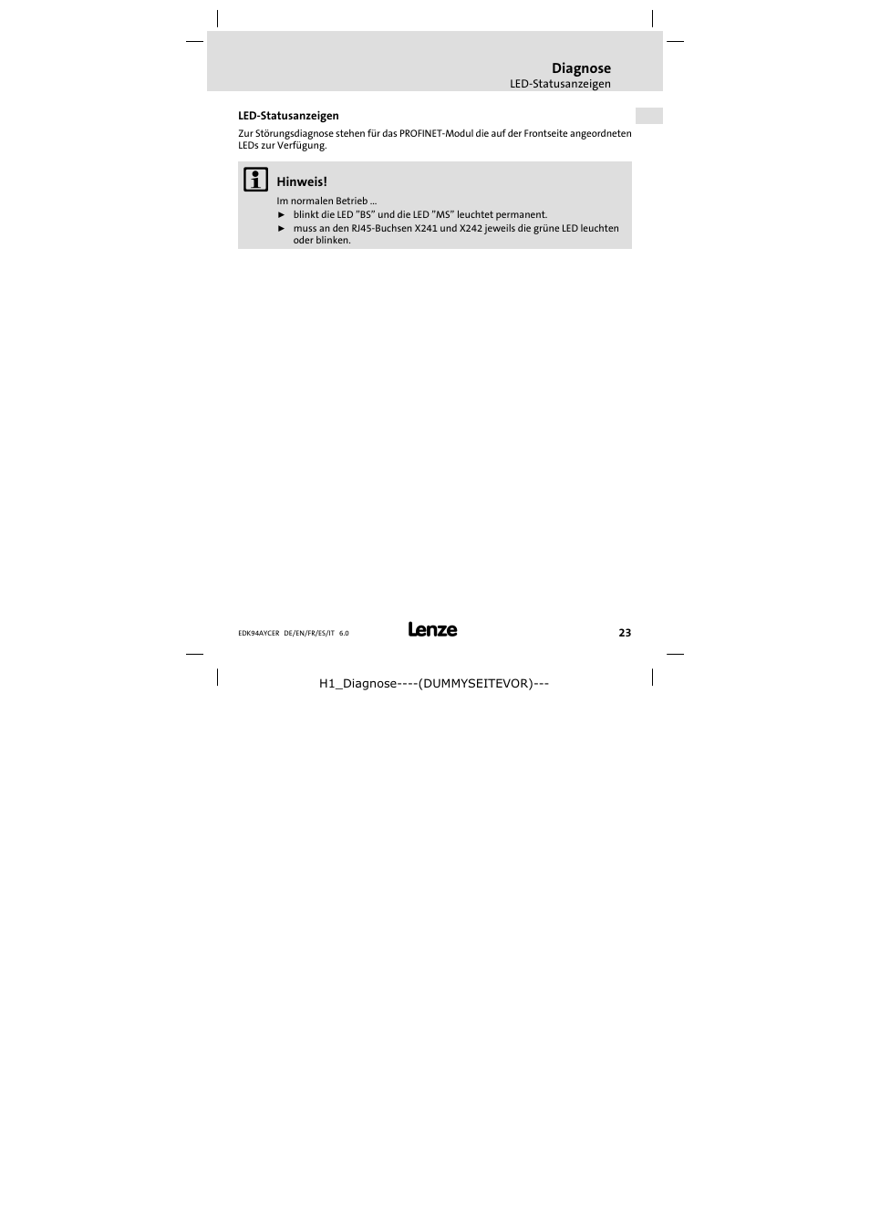 8 diagnose, Led-statusanzeigen, Diagnose | Led−statusanzeigen | Lenze E94AYCER User Manual | Page 23 / 114