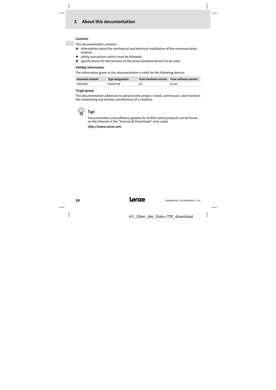 1 about this documentation, About this documentation, 1about this documentation | Lenze E94AYCER User Manual | Page 28 / 114