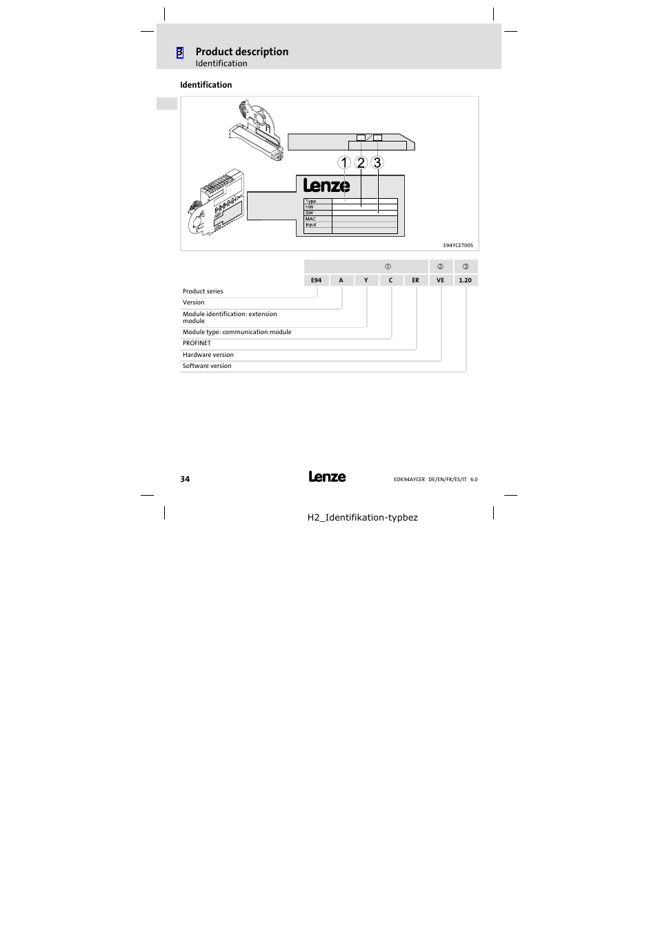 Identification, 3product description | Lenze E94AYCER User Manual | Page 34 / 114