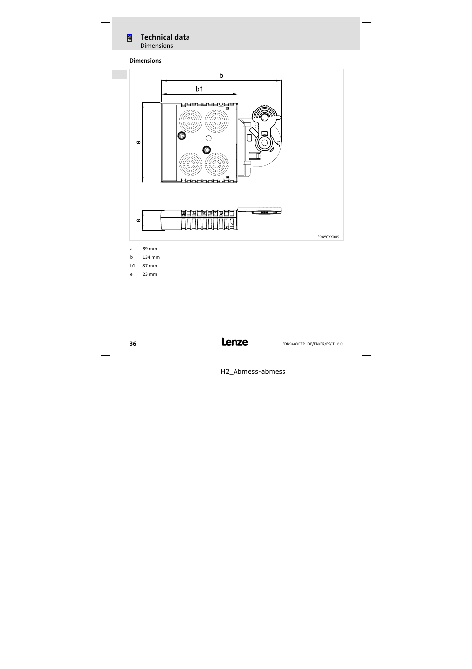 Dimensions | Lenze E94AYCER User Manual | Page 36 / 114
