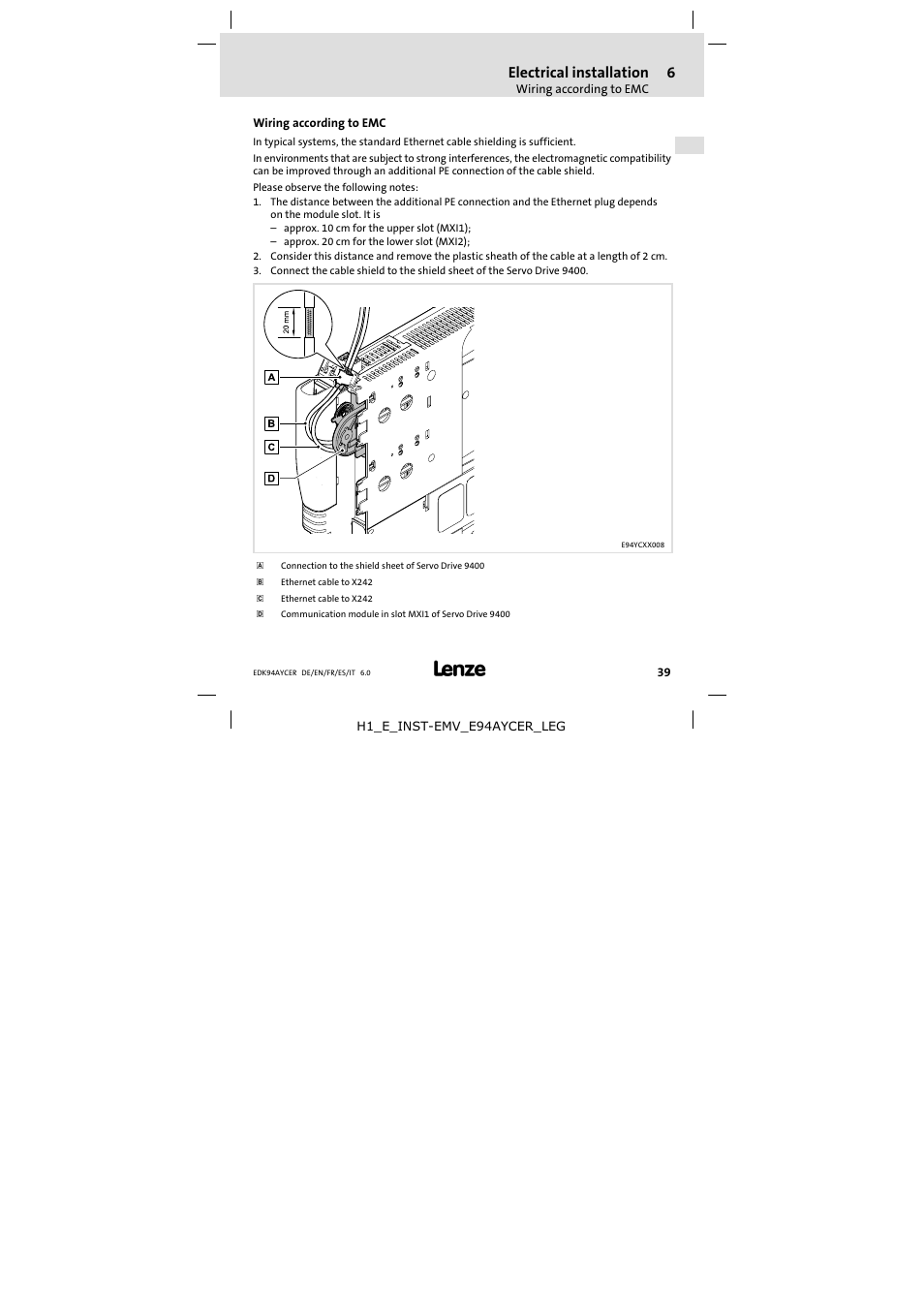6 electrical installation, Wiring according to emc, Electrical installation | Lenze E94AYCER User Manual | Page 39 / 114
