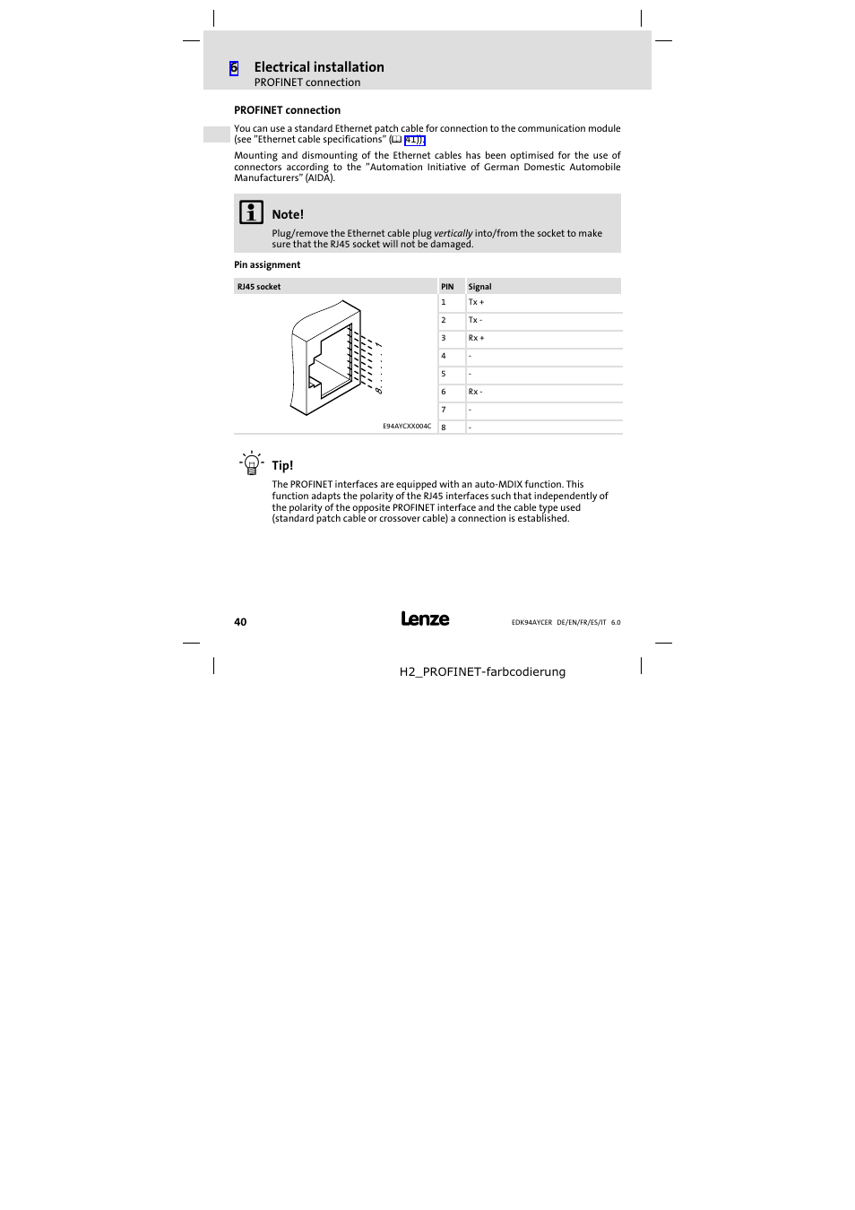 Profinet connection, 6electrical installation | Lenze E94AYCER User Manual | Page 40 / 114