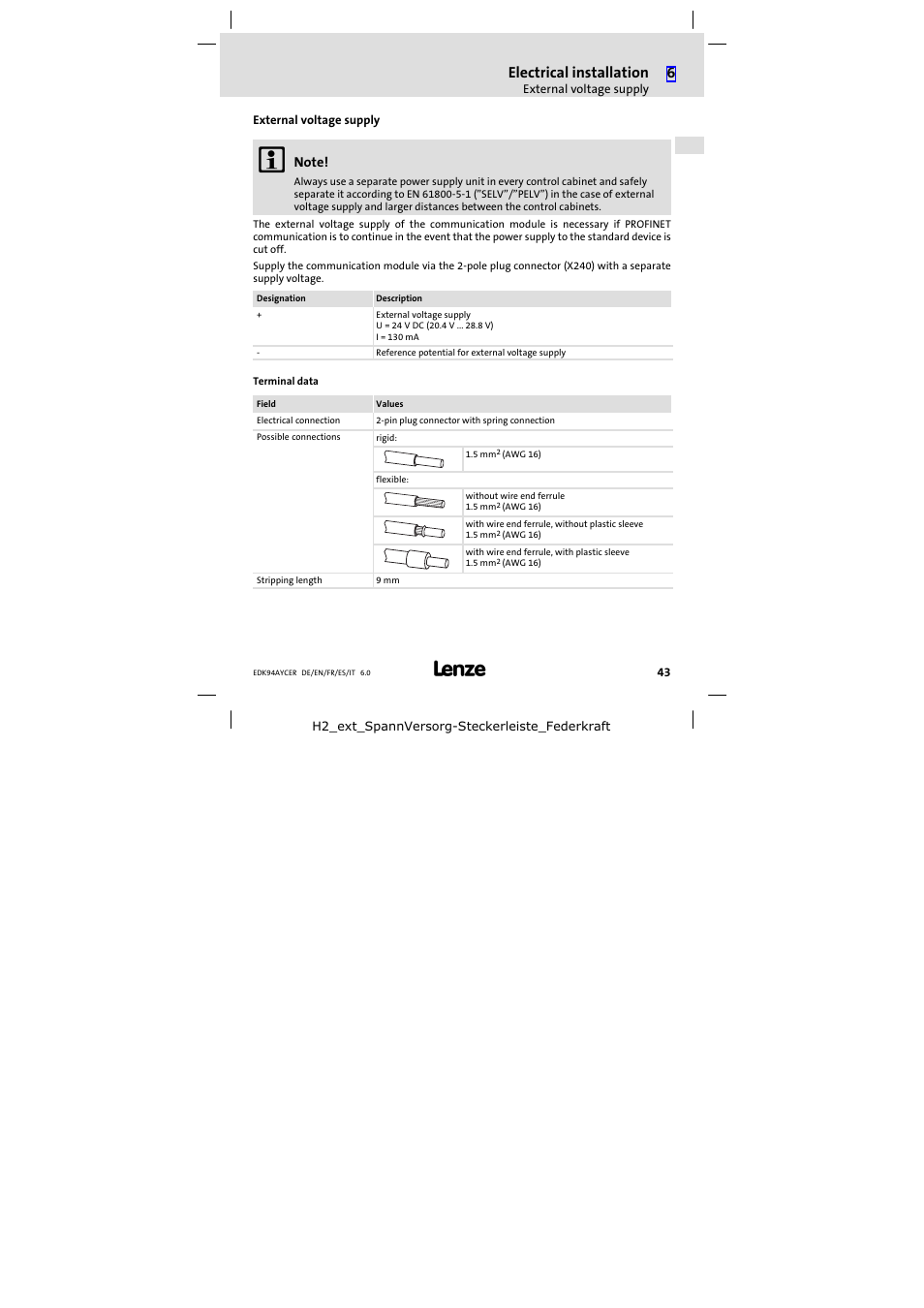 External voltage supply, Electrical installation | Lenze E94AYCER User Manual | Page 43 / 114