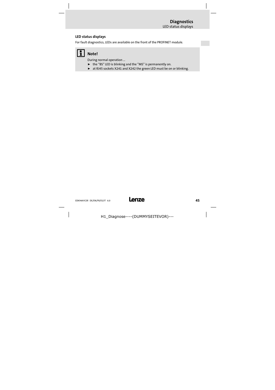 8 diagnostics, Led status displays, Diagnostics | Lenze E94AYCER User Manual | Page 45 / 114