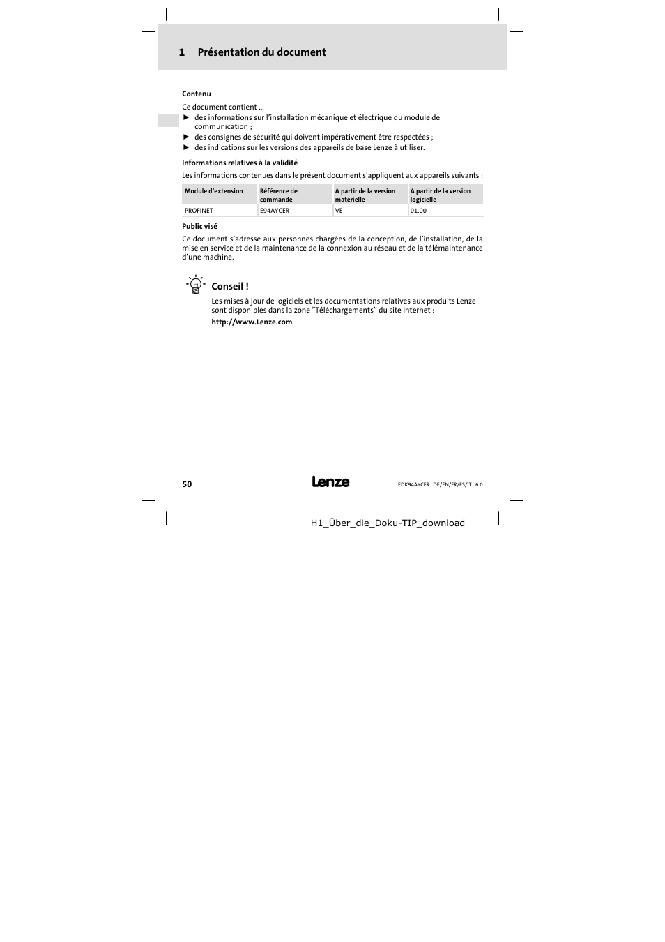 1 présentation du document, Présentation du document, 1présentation du document | Lenze E94AYCER User Manual | Page 50 / 114