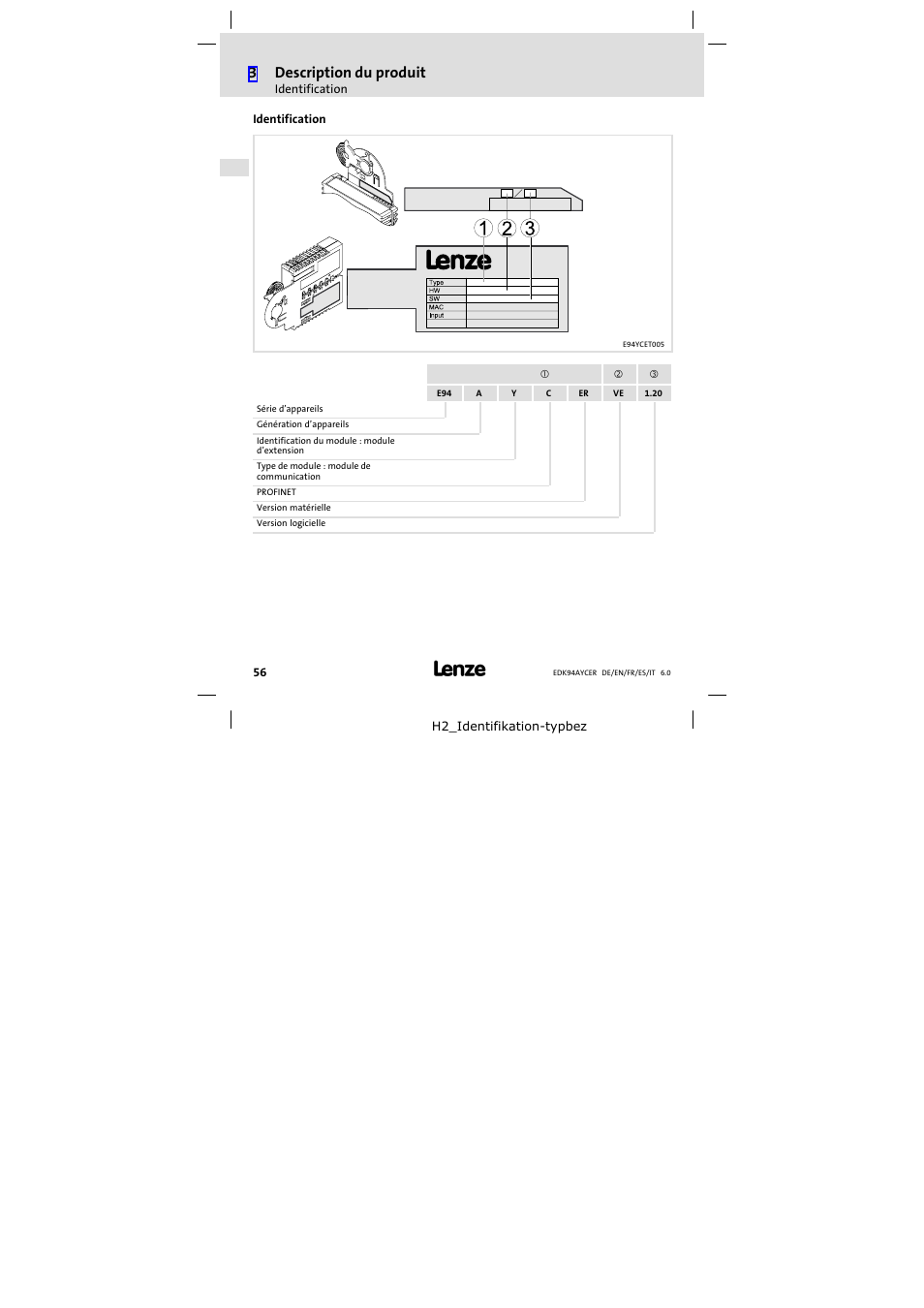 Identification, 3description du produit | Lenze E94AYCER User Manual | Page 56 / 114