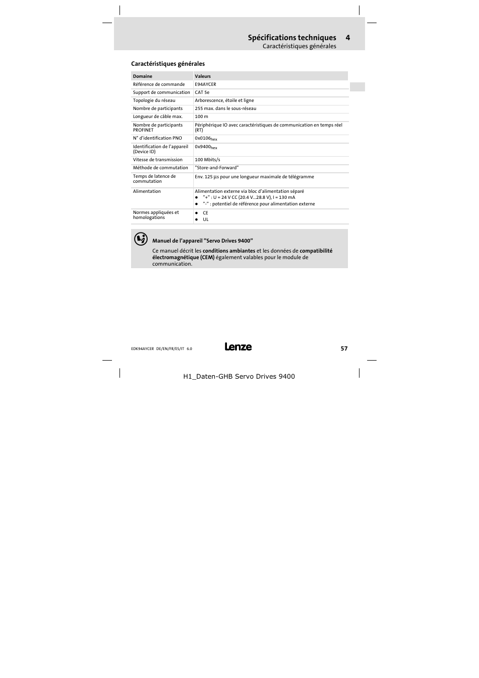 4 spécifications techniques, Caractéristiques générales, Spécifications techniques | Lenze E94AYCER User Manual | Page 57 / 114