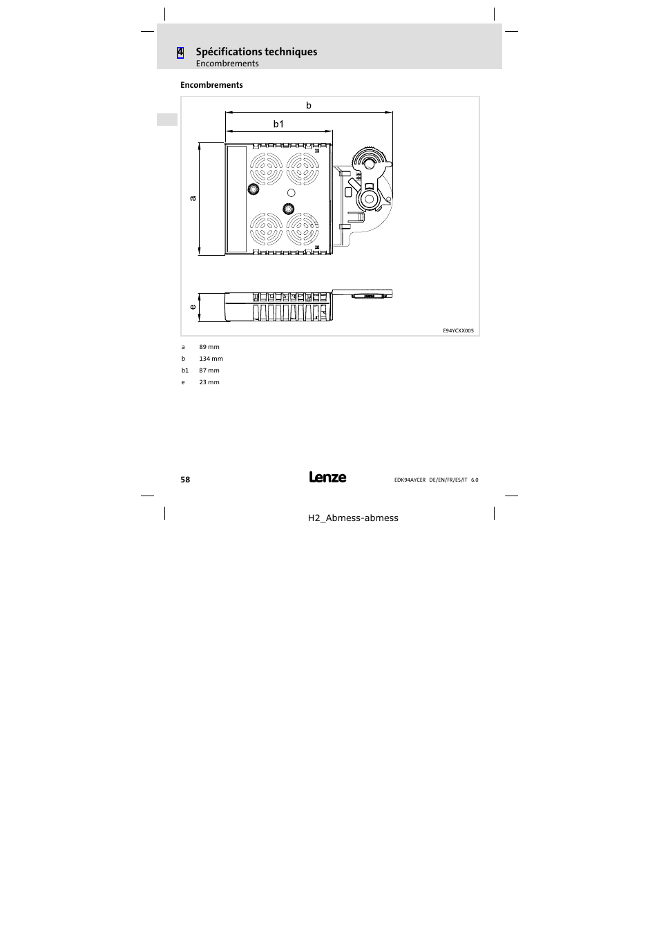 Encombrements | Lenze E94AYCER User Manual | Page 58 / 114