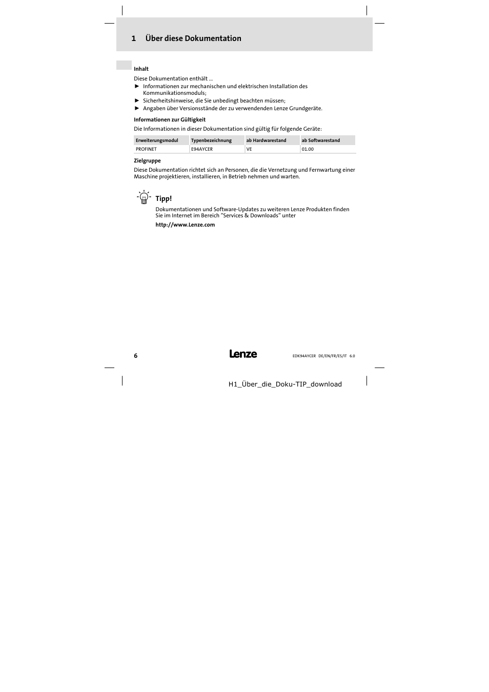 1 über diese dokumentation, Über diese dokumentation, 1über diese dokumentation | Lenze E94AYCER User Manual | Page 6 / 114