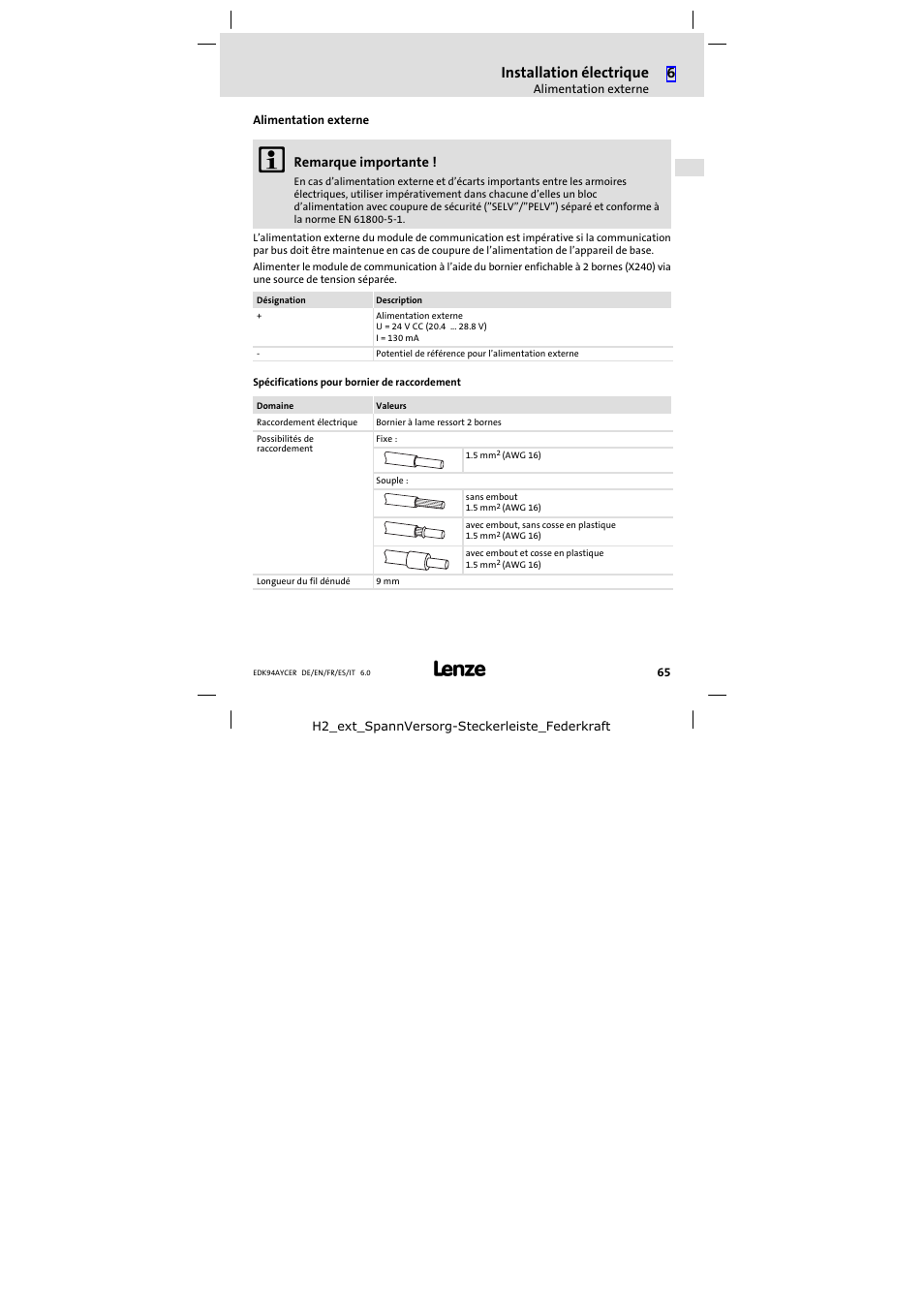 Alimentation externe, Installation électrique | Lenze E94AYCER User Manual | Page 65 / 114
