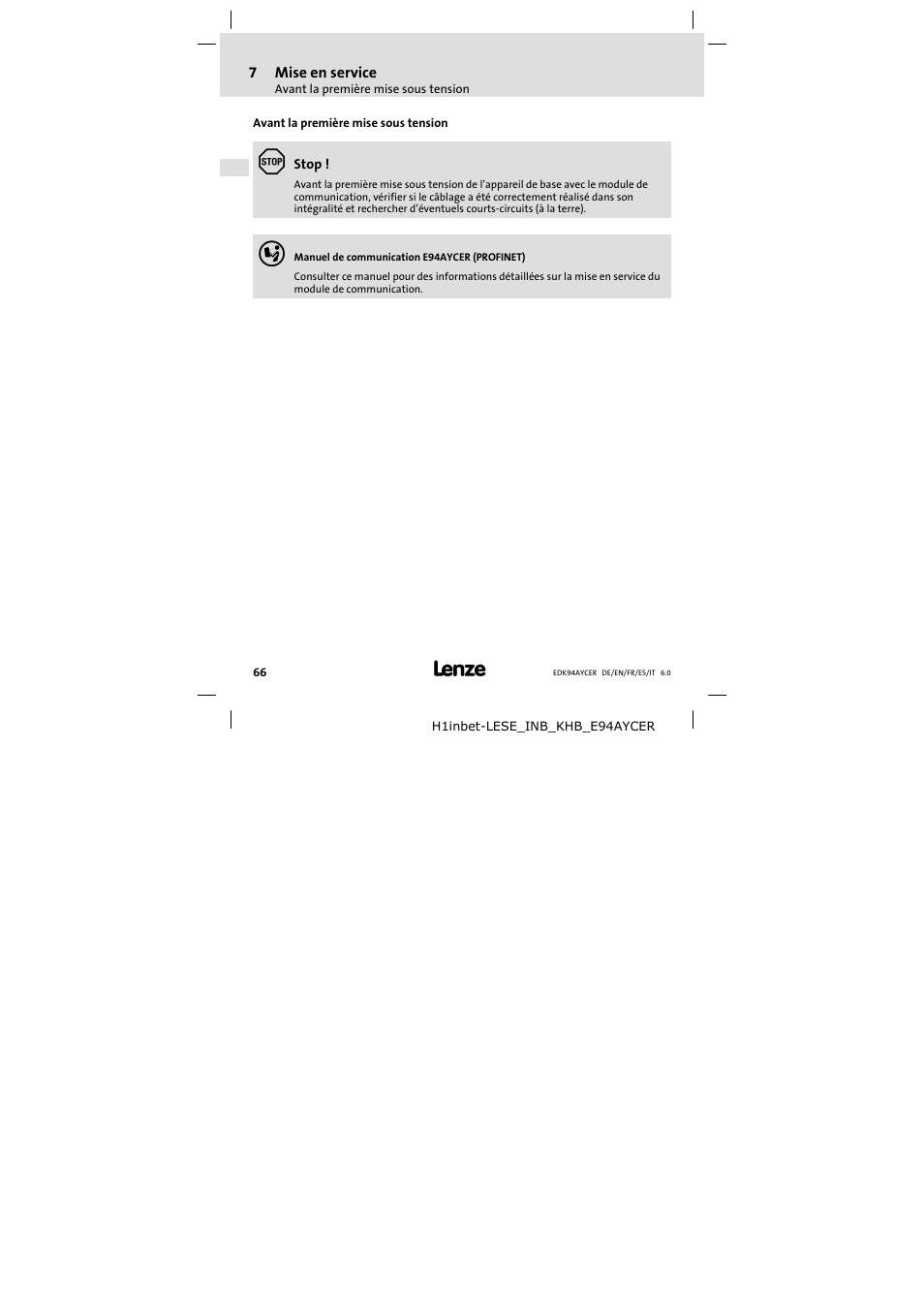 7 mise en service, Avant la première mise sous tension, Mise en service | Lenze E94AYCER User Manual | Page 66 / 114