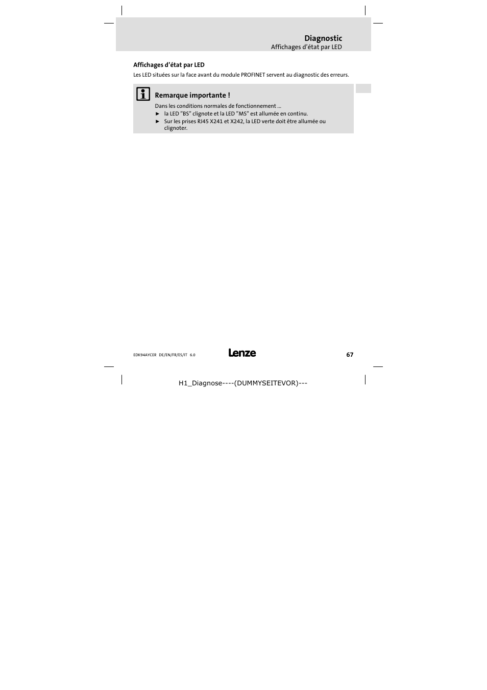 8 diagnostic, Affichages d'état par led, Diagnostic | Affichages d’état par led | Lenze E94AYCER User Manual | Page 67 / 114