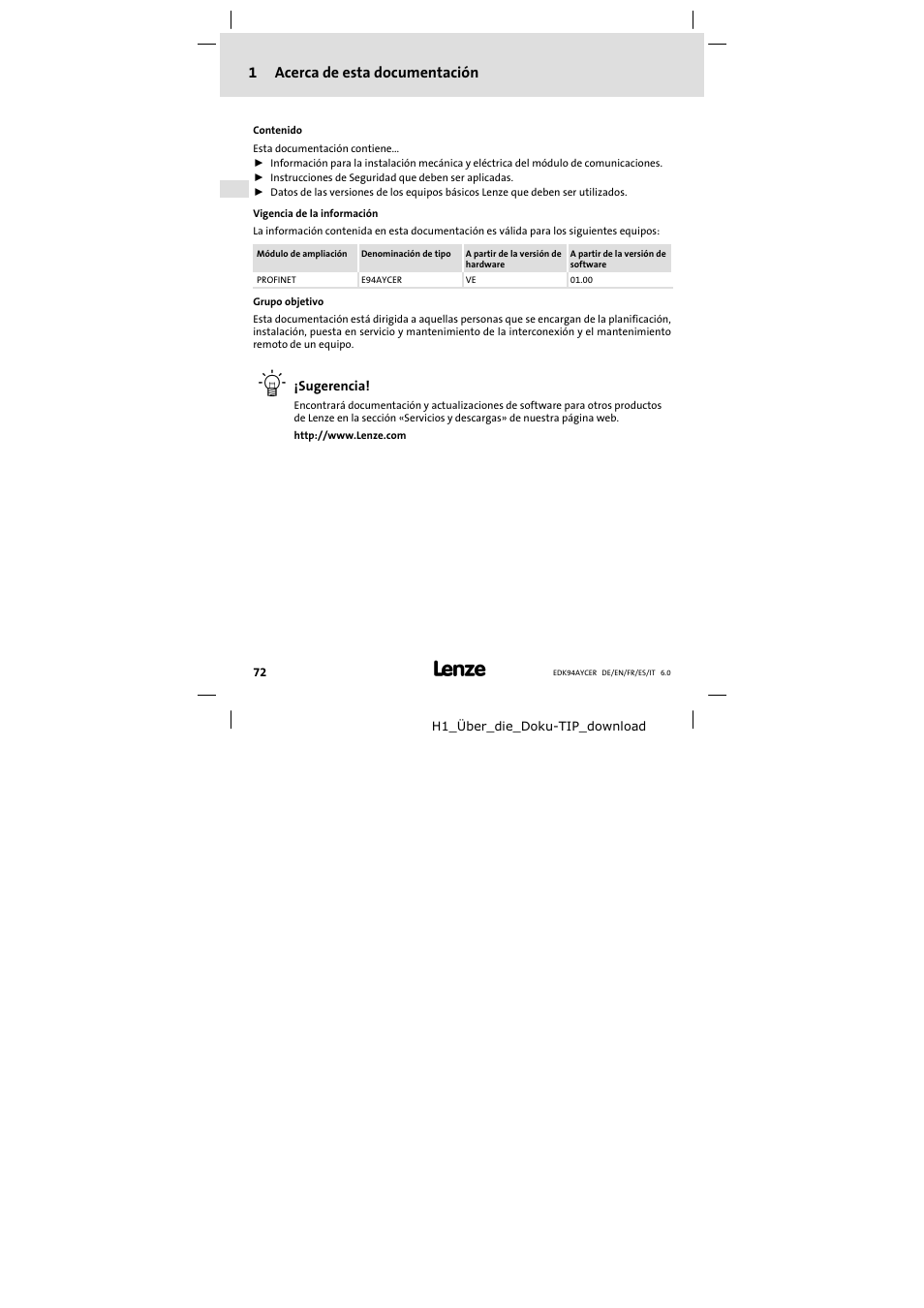 1 acerca de esta documentación, Acerca de esta documentación, 1acerca de esta documentación | Lenze E94AYCER User Manual | Page 72 / 114
