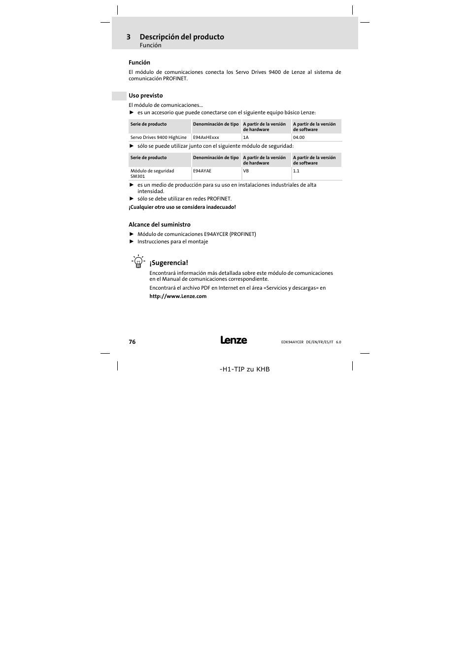 3 descripción del producto, Función, Uso previsto | Alcance del suministro, Descripción del producto, 3descripción del producto | Lenze E94AYCER User Manual | Page 76 / 114