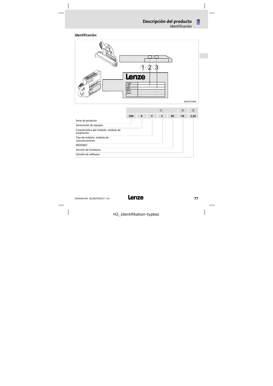 Identificación, Descripción del producto | Lenze E94AYCER User Manual | Page 77 / 114