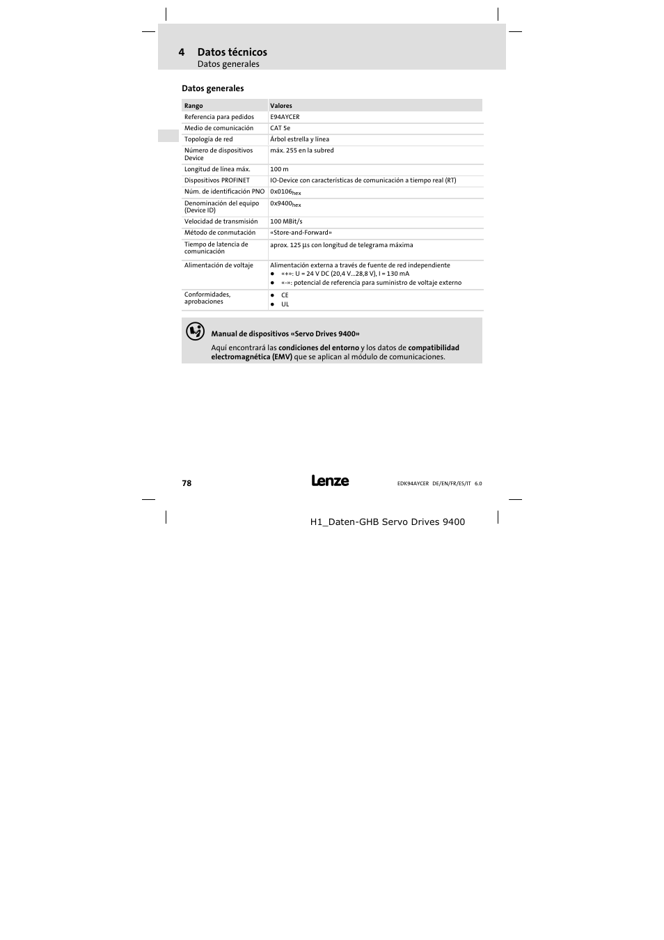 4 datos técnicos, Datos generales, Datos técnicos | 4datos técnicos | Lenze E94AYCER User Manual | Page 78 / 114