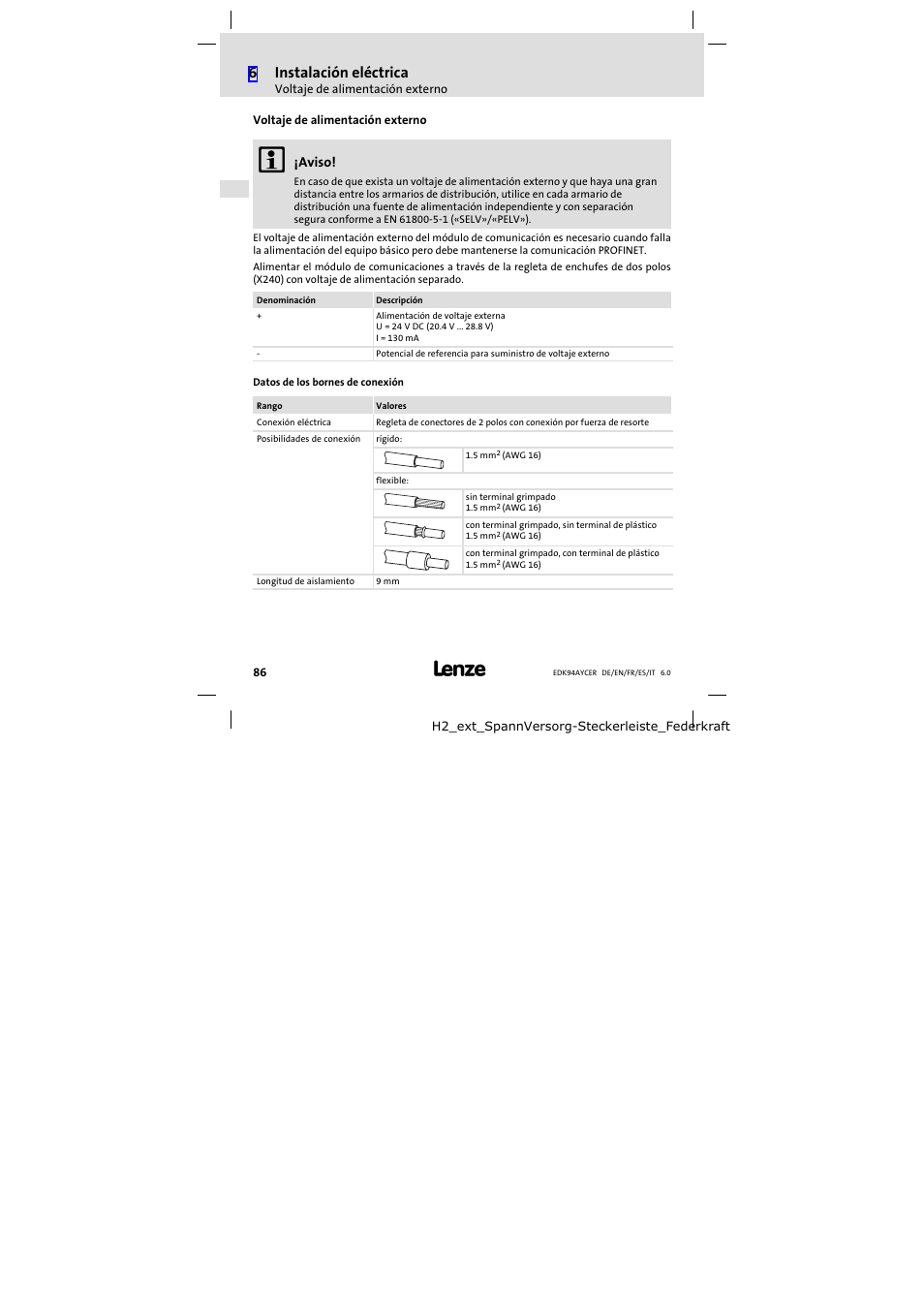 Voltaje de alimentación externo, 6instalación eléctrica | Lenze E94AYCER User Manual | Page 86 / 114