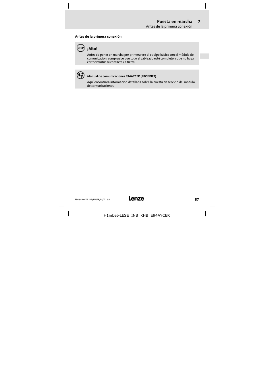 7 puesta en marcha, Antes de la primera conexión, Puesta en marcha | Lenze E94AYCER User Manual | Page 87 / 114
