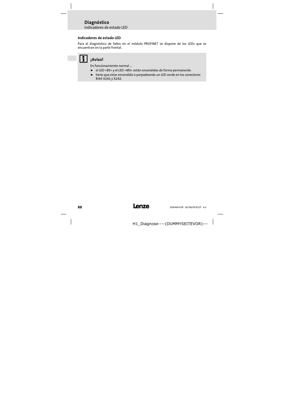 8 diagnóstico, Indicadores de estado led, Diagnóstico | Lenze E94AYCER User Manual | Page 88 / 114