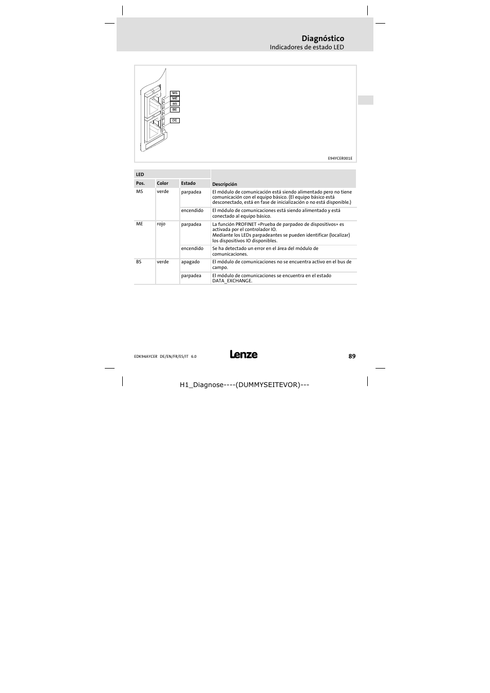 Diagnóstico | Lenze E94AYCER User Manual | Page 89 / 114