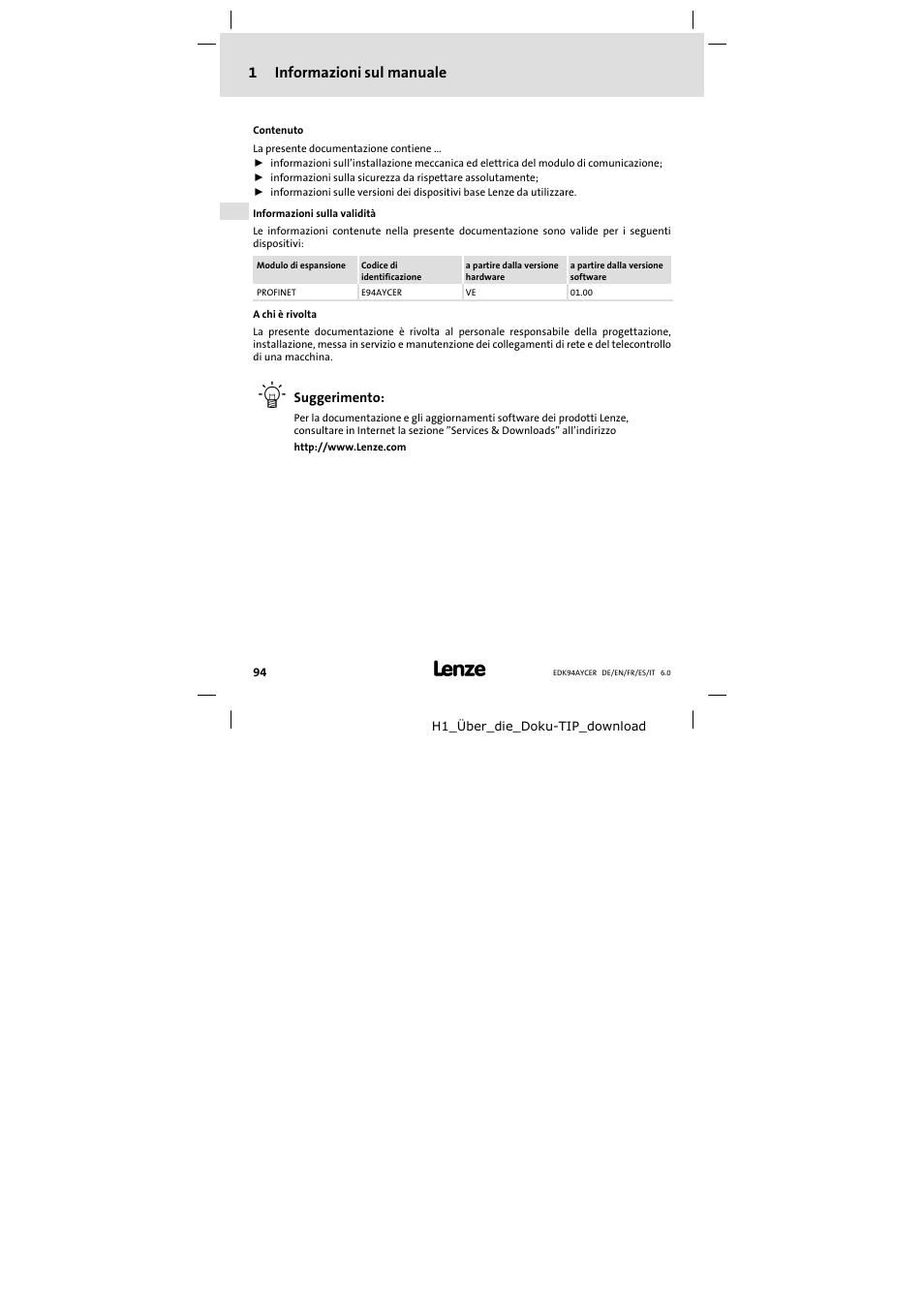 1 informazioni sul manuale, Informazioni sul manuale, 1informazioni sul manuale | Lenze E94AYCER User Manual | Page 94 / 114