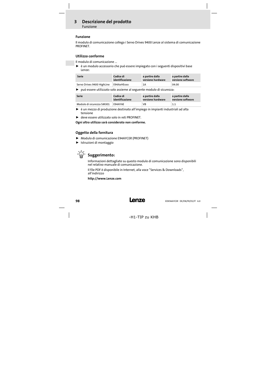 3 descrizione del prodotto, Funzione, Utilizzo conforme | Oggetto della fornitura, Descrizione del prodotto, 3descrizione del prodotto | Lenze E94AYCER User Manual | Page 98 / 114
