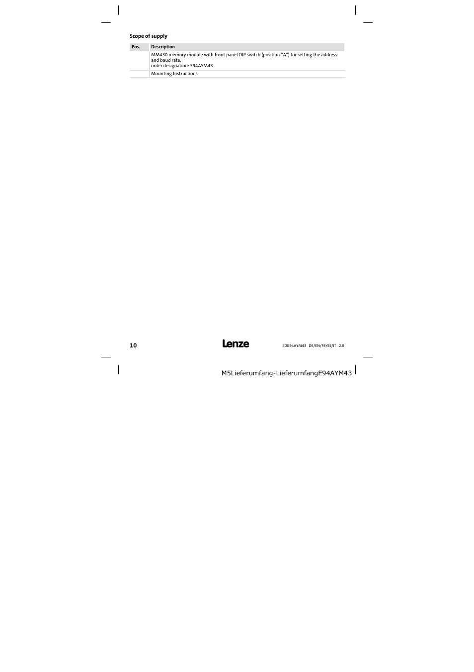 Scope of supply | Lenze E94AYM43 User Manual | Page 10 / 34