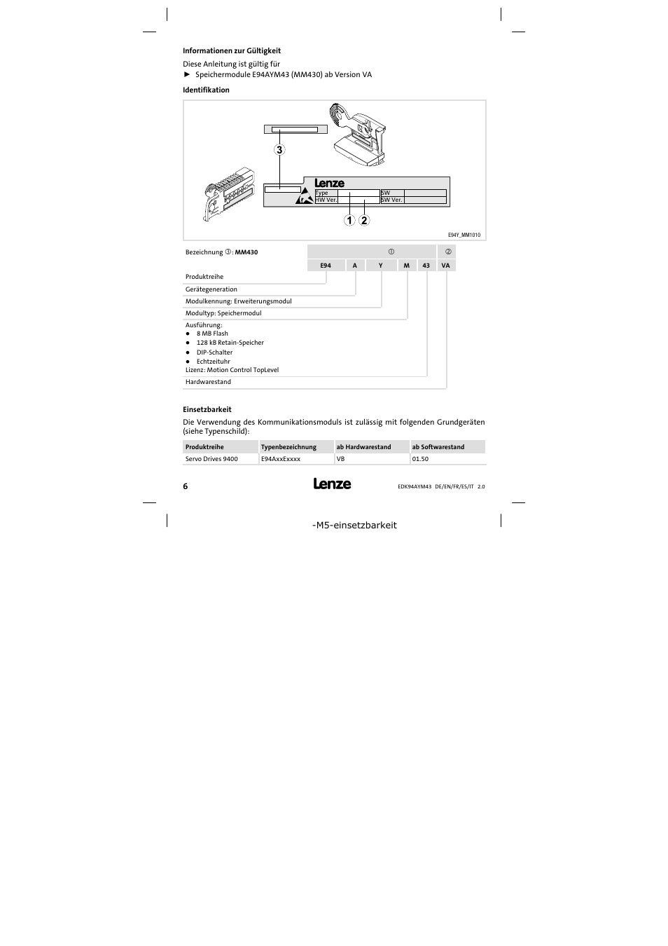 Informationen zur gültigkeit | Lenze E94AYM43 User Manual | Page 6 / 34