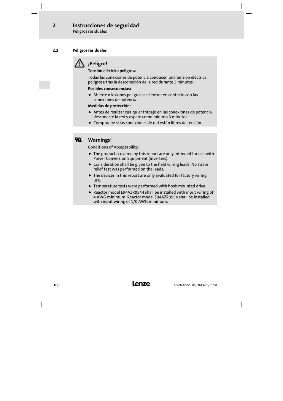 Peligros residuales, Instrucciones de seguridad | Lenze E94AZRS0954 User Manual | Page 100 / 116