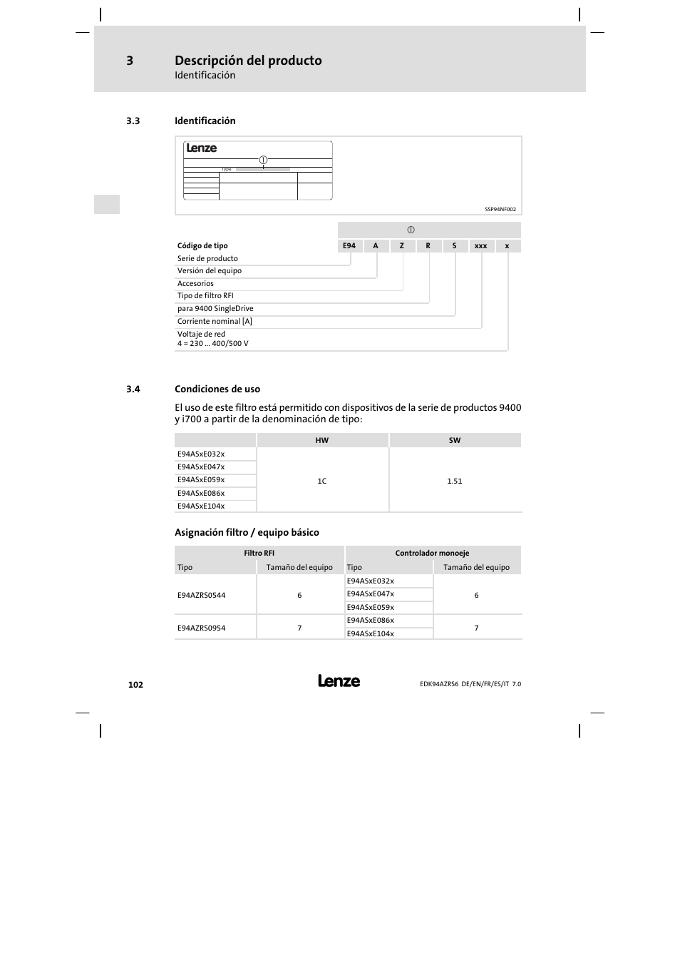 Identificación, Condiciones de uso, Descripción del producto | Lenze E94AZRS0954 User Manual | Page 102 / 116