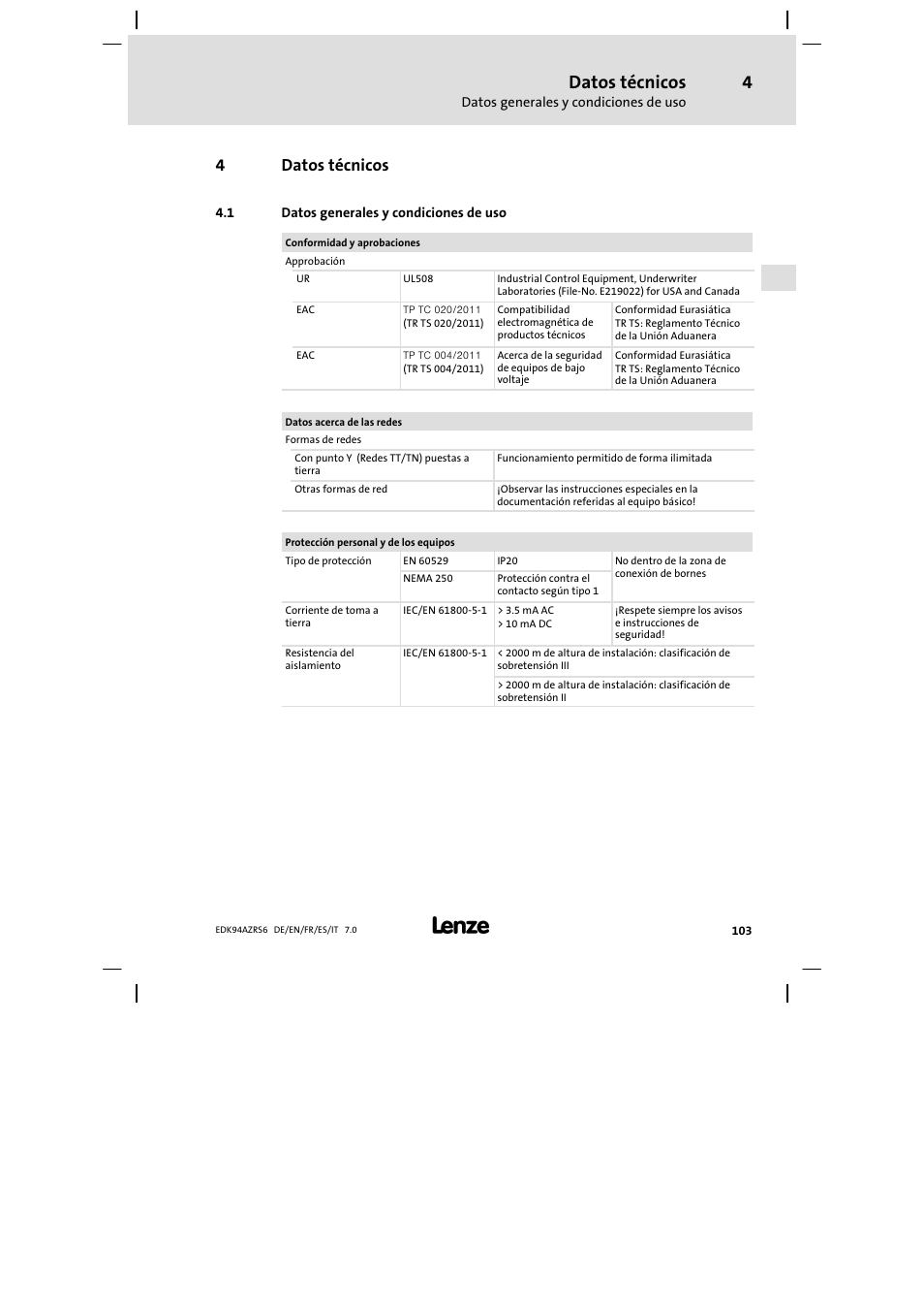 Datos técnicos, Datos generales y condiciones de uso, 4datos técnicos | Lenze E94AZRS0954 User Manual | Page 103 / 116