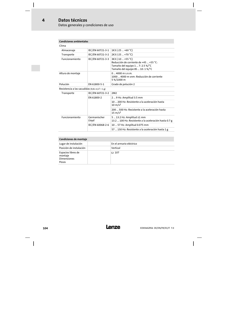 Datos técnicos | Lenze E94AZRS0954 User Manual | Page 104 / 116