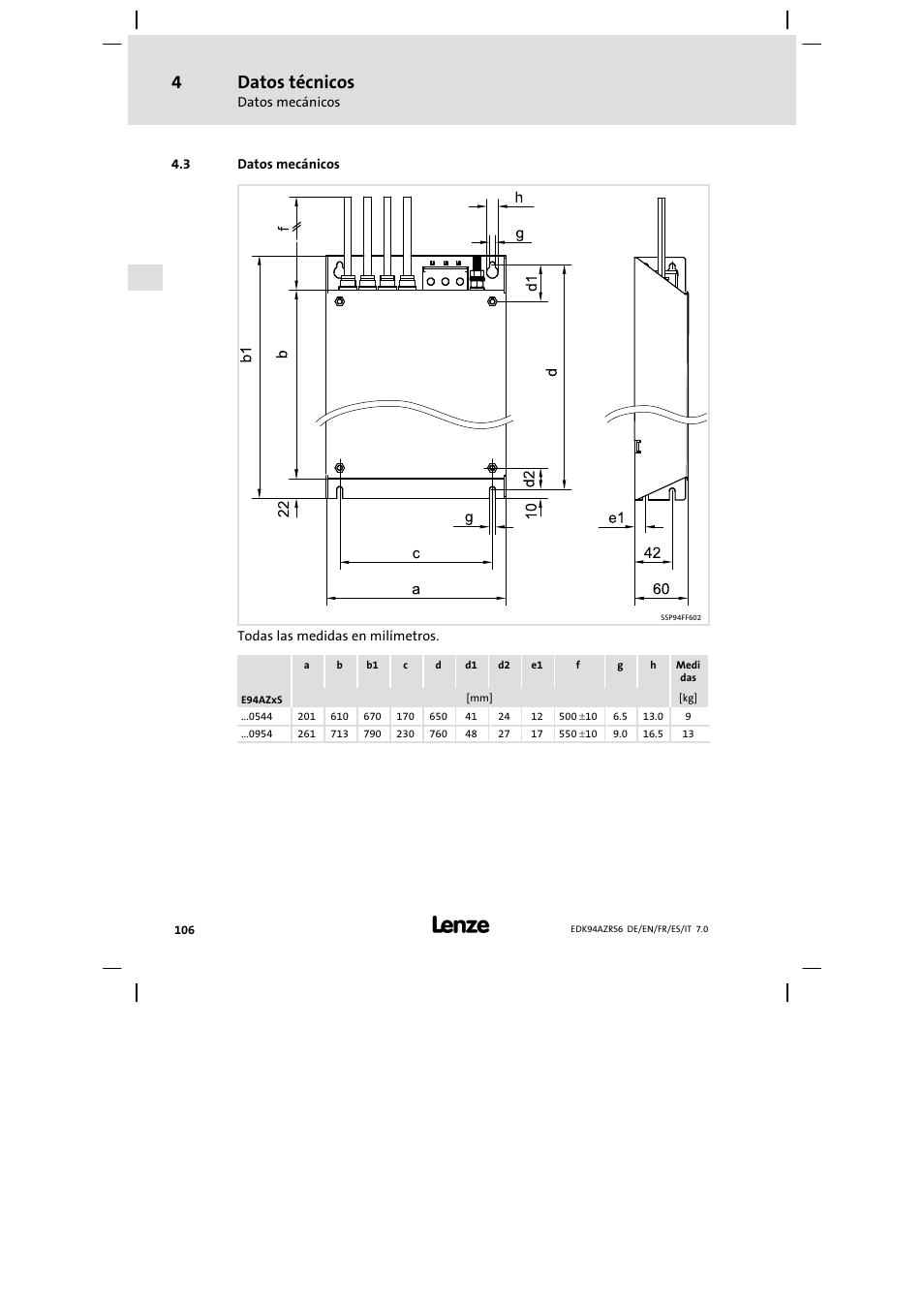 Datos mecánicos, Datos técnicos | Lenze E94AZRS0954 User Manual | Page 106 / 116