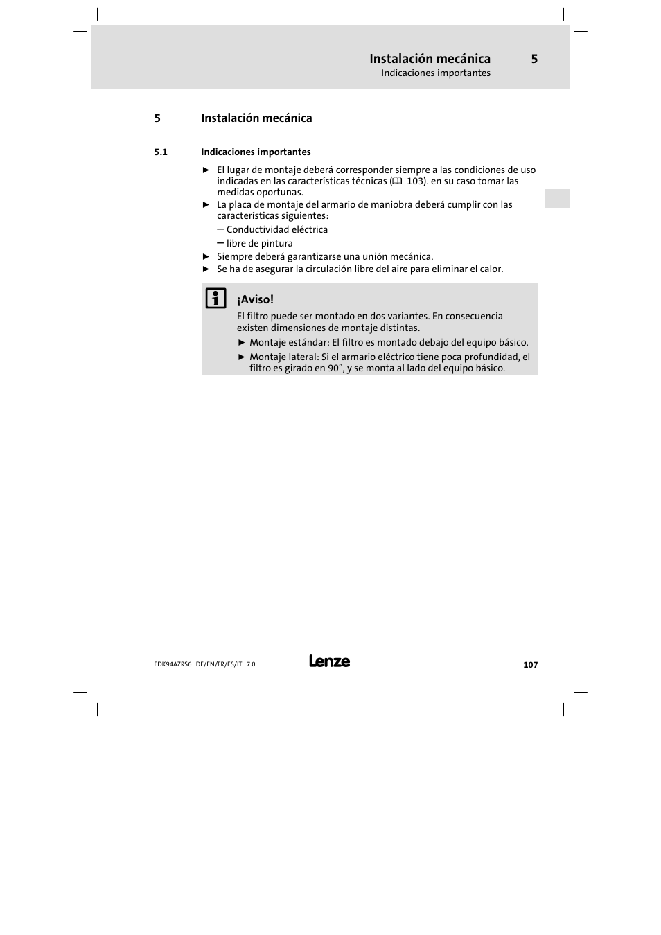 Instalación mecánica, Indicaciones importantes | Lenze E94AZRS0954 User Manual | Page 107 / 116