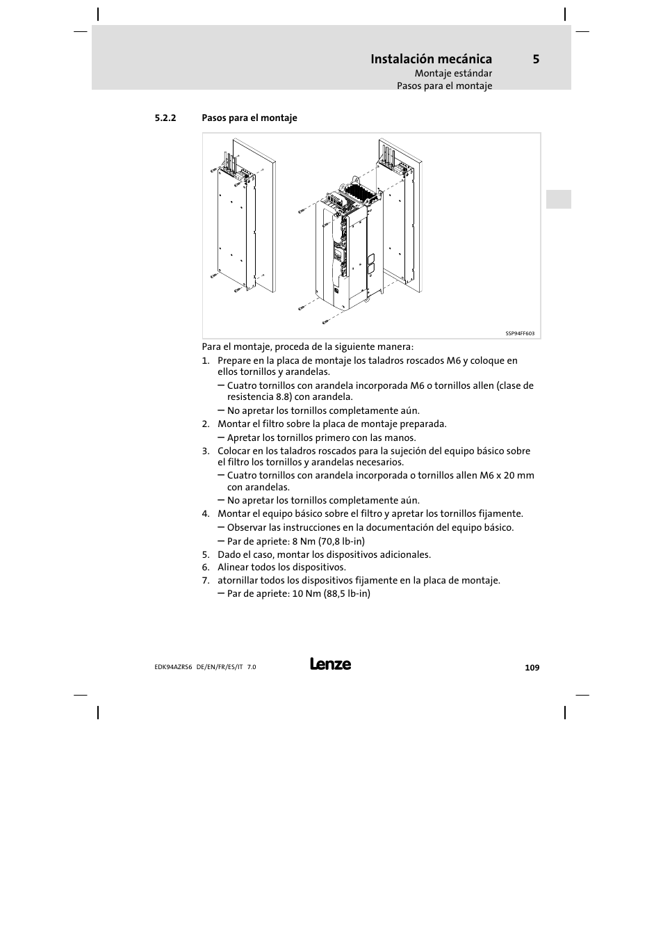 Pasos para el montaje, Instalación mecánica | Lenze E94AZRS0954 User Manual | Page 109 / 116