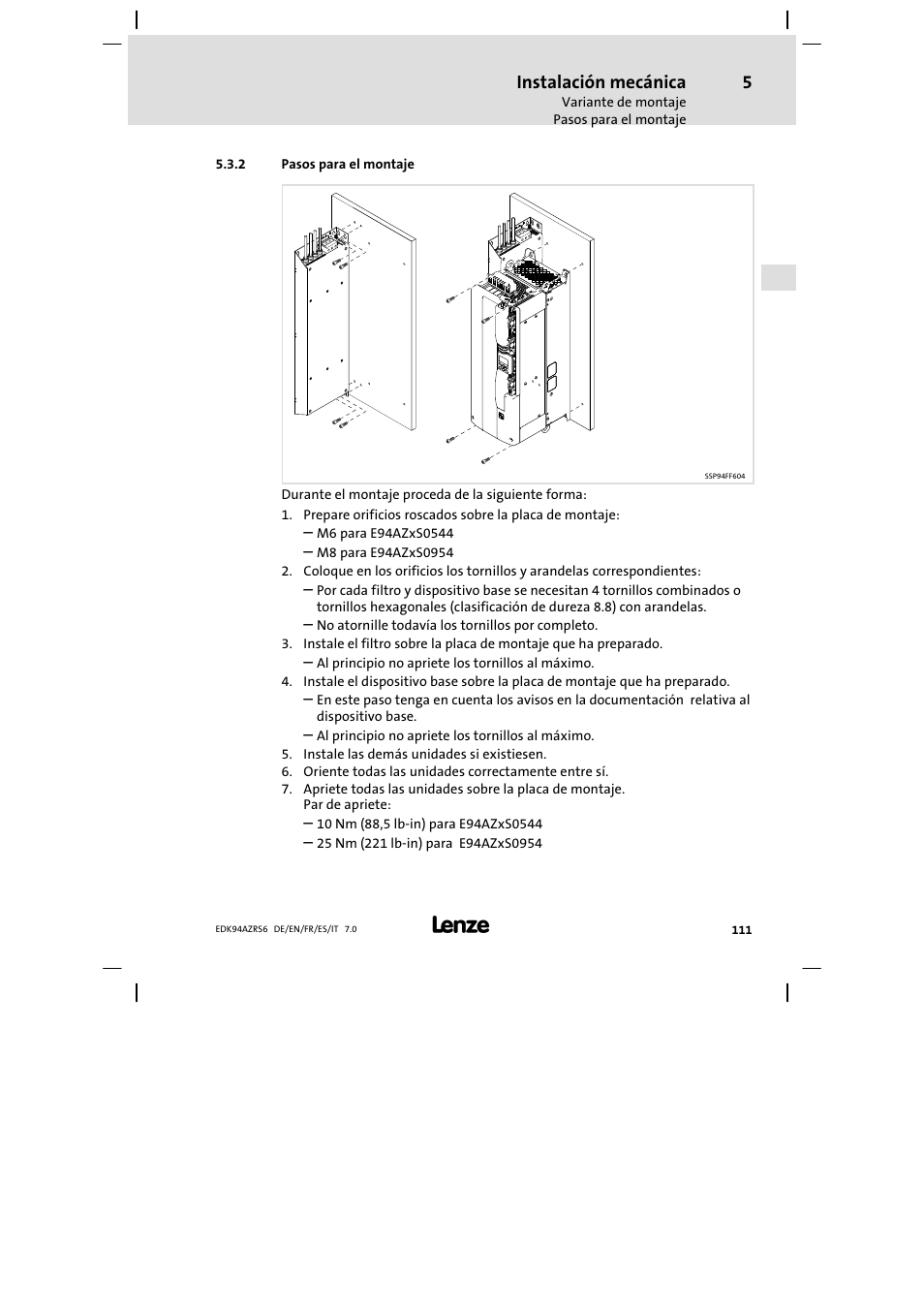 Pasos para el montaje, Instalación mecánica | Lenze E94AZRS0954 User Manual | Page 111 / 116