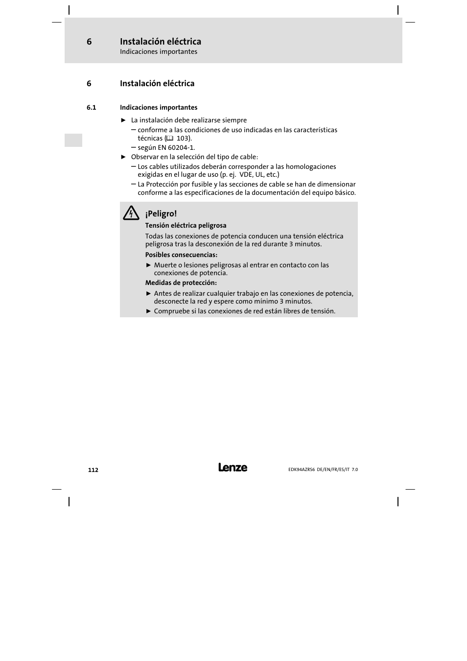 Instalación eléctrica, Indicaciones importantes | Lenze E94AZRS0954 User Manual | Page 112 / 116
