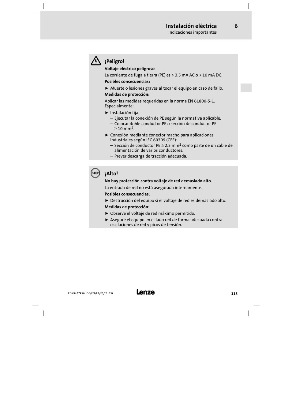 Instalación eléctrica | Lenze E94AZRS0954 User Manual | Page 113 / 116