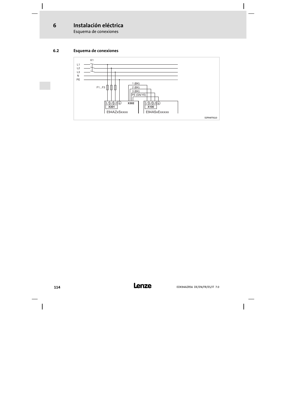 Esquema de conexiones, Instalación eléctrica | Lenze E94AZRS0954 User Manual | Page 114 / 116
