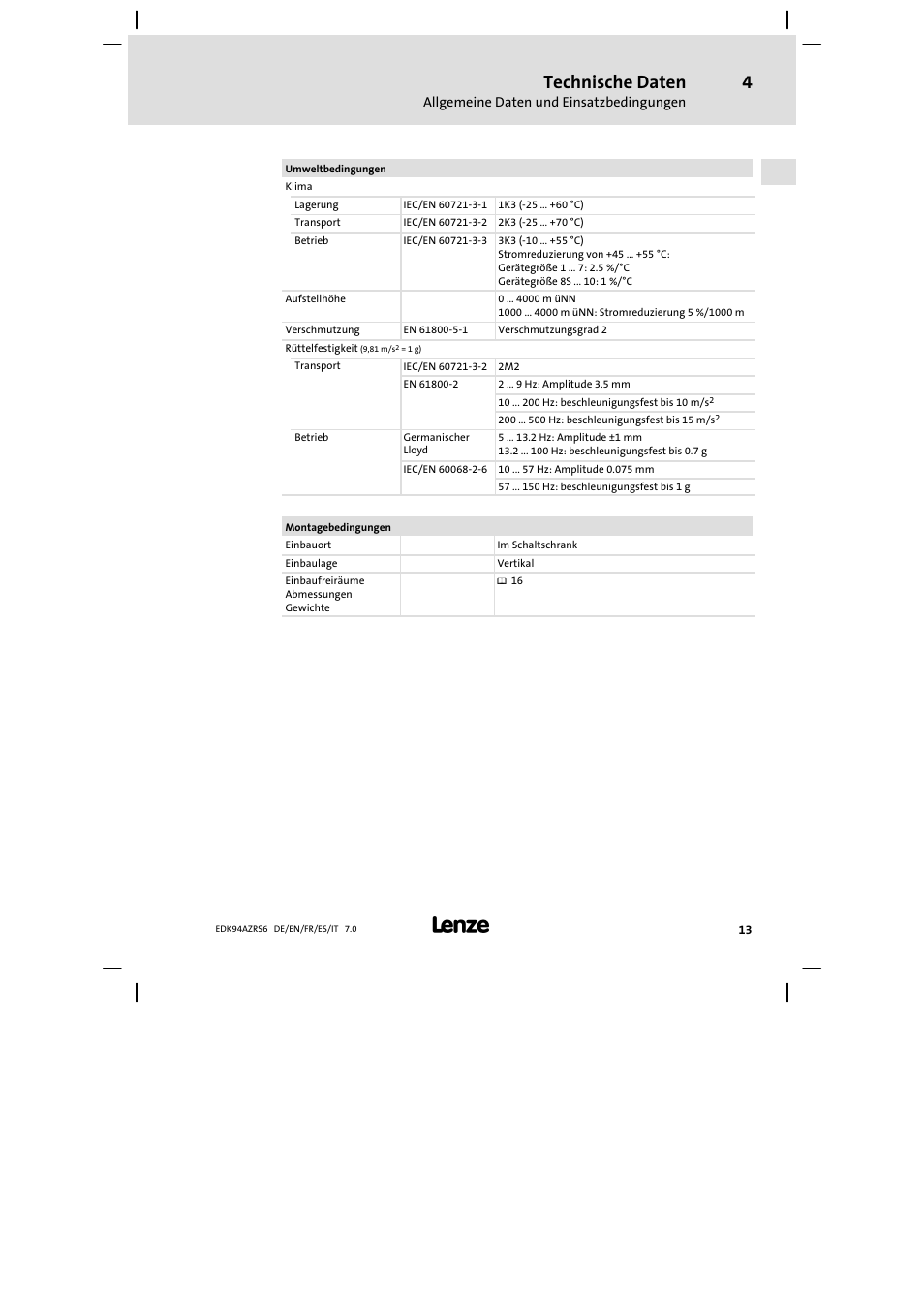 Technische daten | Lenze E94AZRS0954 User Manual | Page 13 / 116