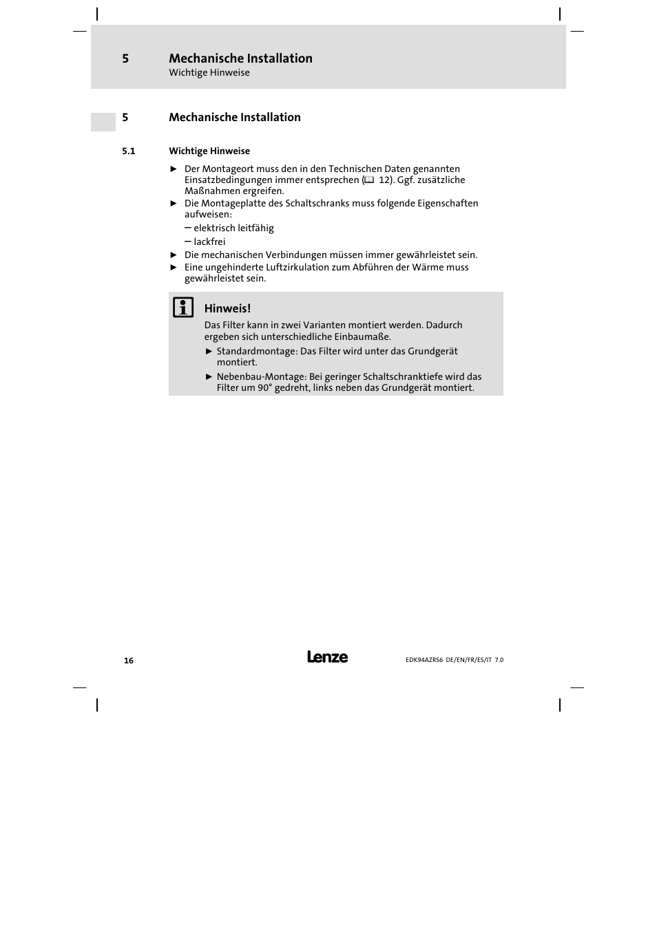Mechanische installation, Wichtige hinweise | Lenze E94AZRS0954 User Manual | Page 16 / 116