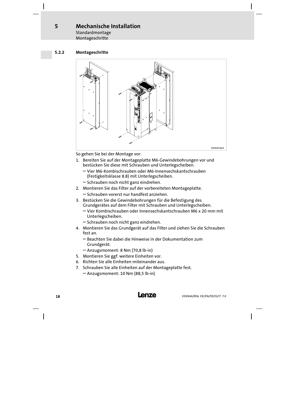 Montageschritte, Mechanische installation | Lenze E94AZRS0954 User Manual | Page 18 / 116
