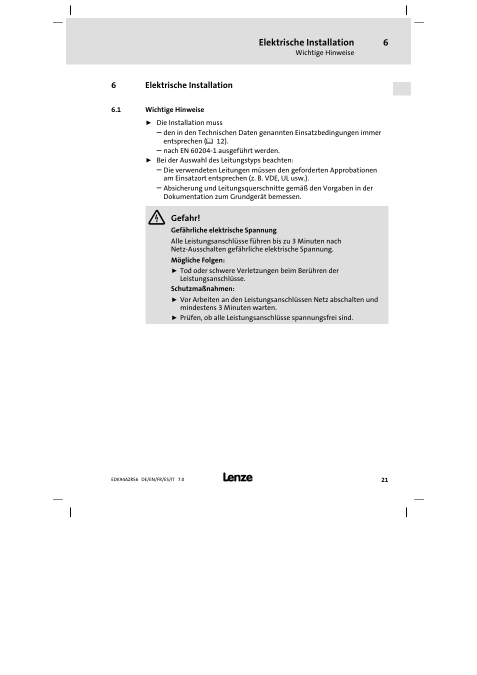 Elektrische installation, Wichtige hinweise | Lenze E94AZRS0954 User Manual | Page 21 / 116