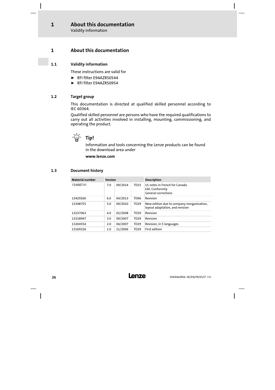 About this documentation, Validity information, Target group | Document history, 1about this documentation | Lenze E94AZRS0954 User Manual | Page 26 / 116