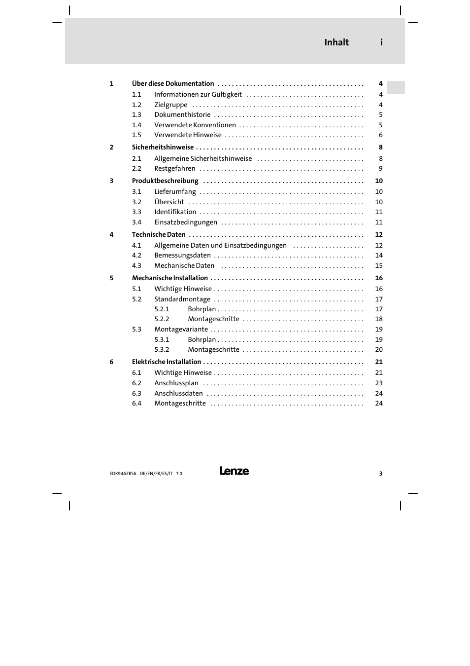 Inhalt, Inhalt i | Lenze E94AZRS0954 User Manual | Page 3 / 116