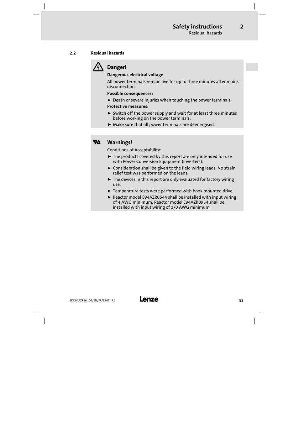 Residual hazards, Safety instructions | Lenze E94AZRS0954 User Manual | Page 31 / 116