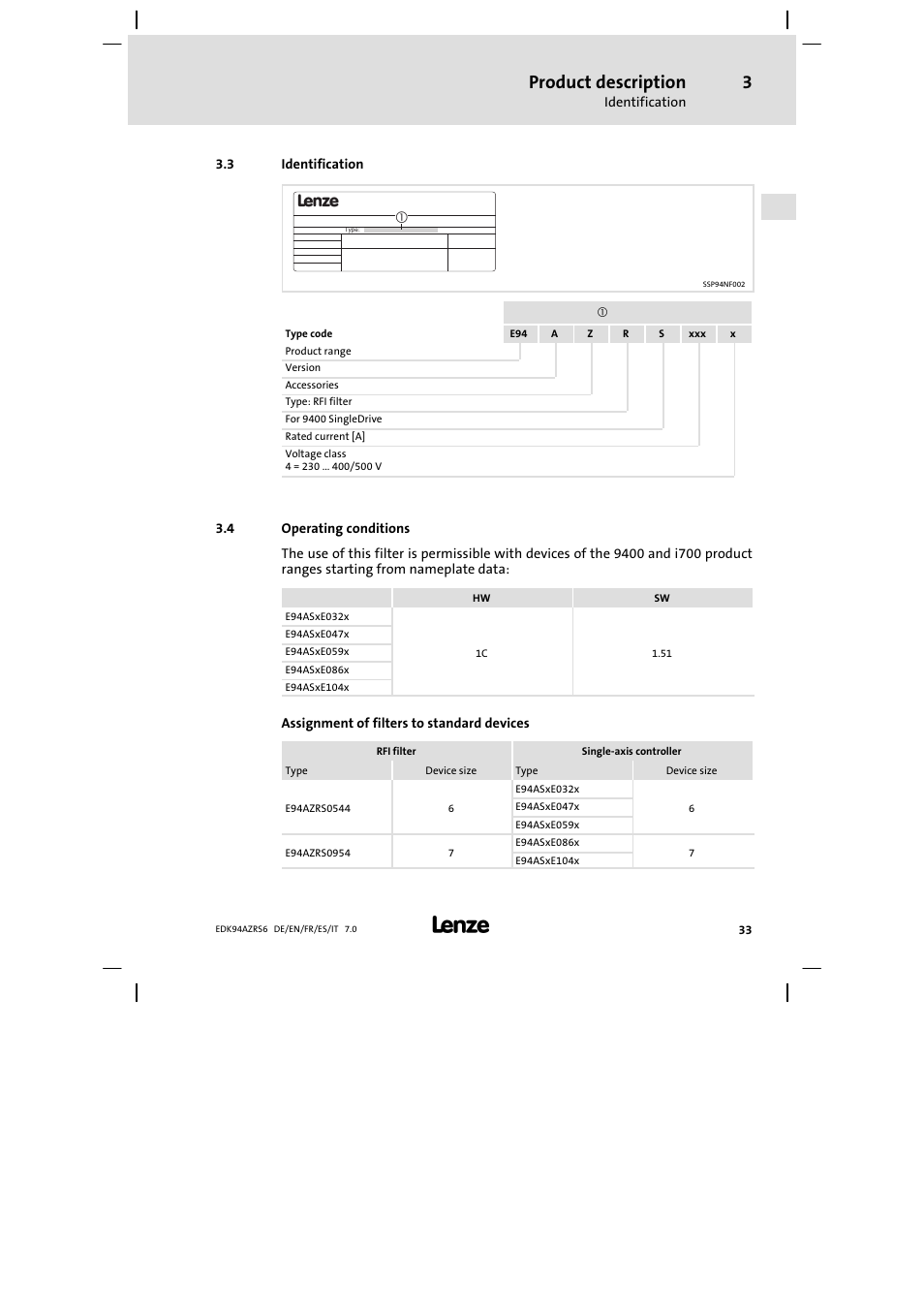 Identification, Operating conditions, Product description | Lenze E94AZRS0954 User Manual | Page 33 / 116