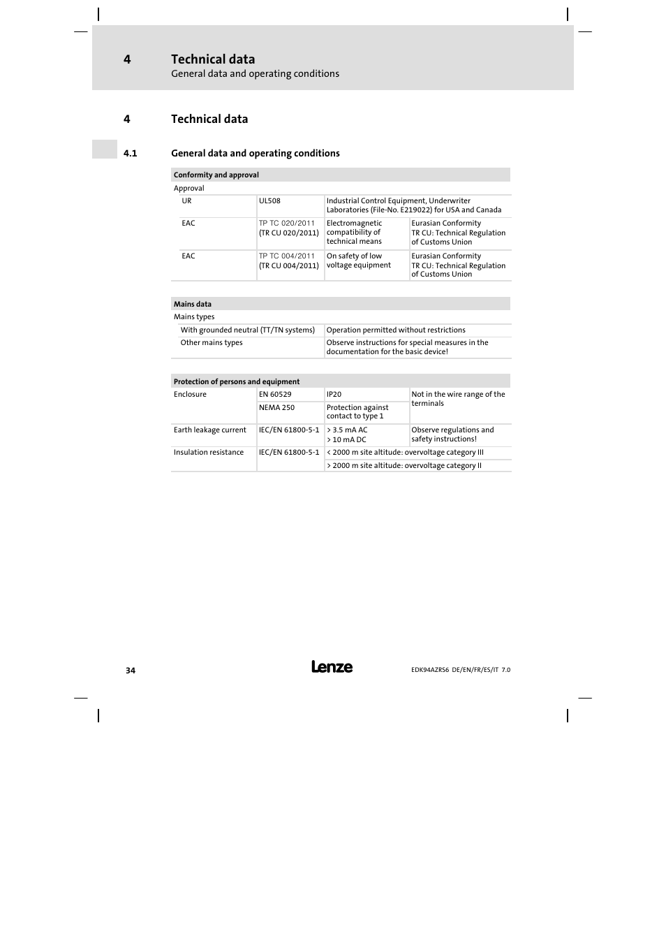 Technical data, General data and operating conditions, 4technical data | Lenze E94AZRS0954 User Manual | Page 34 / 116