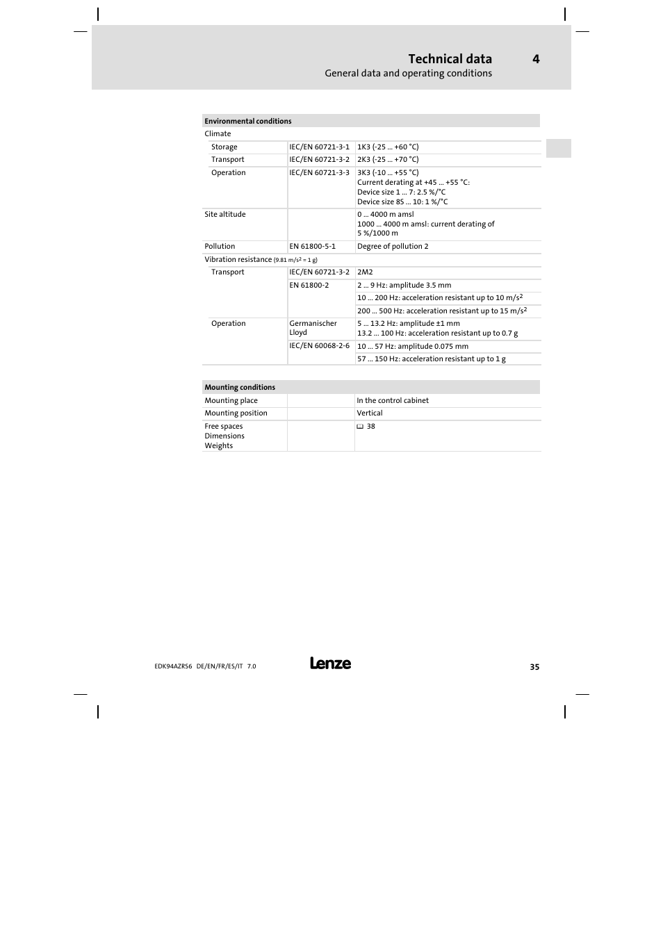 Technical data | Lenze E94AZRS0954 User Manual | Page 35 / 116