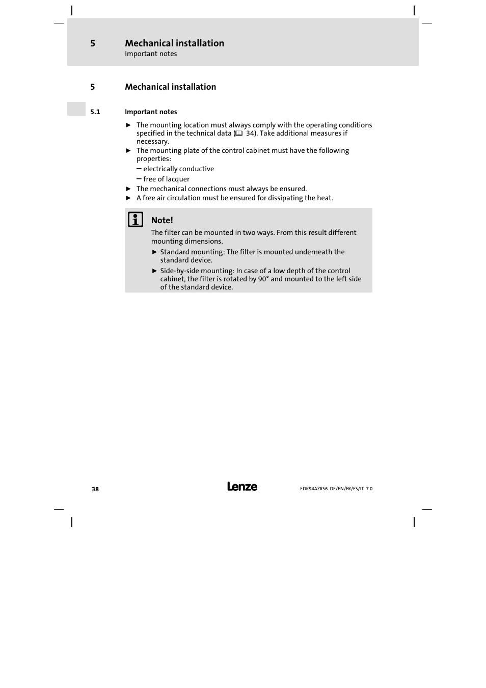 Mechanical installation, Important notes | Lenze E94AZRS0954 User Manual | Page 38 / 116